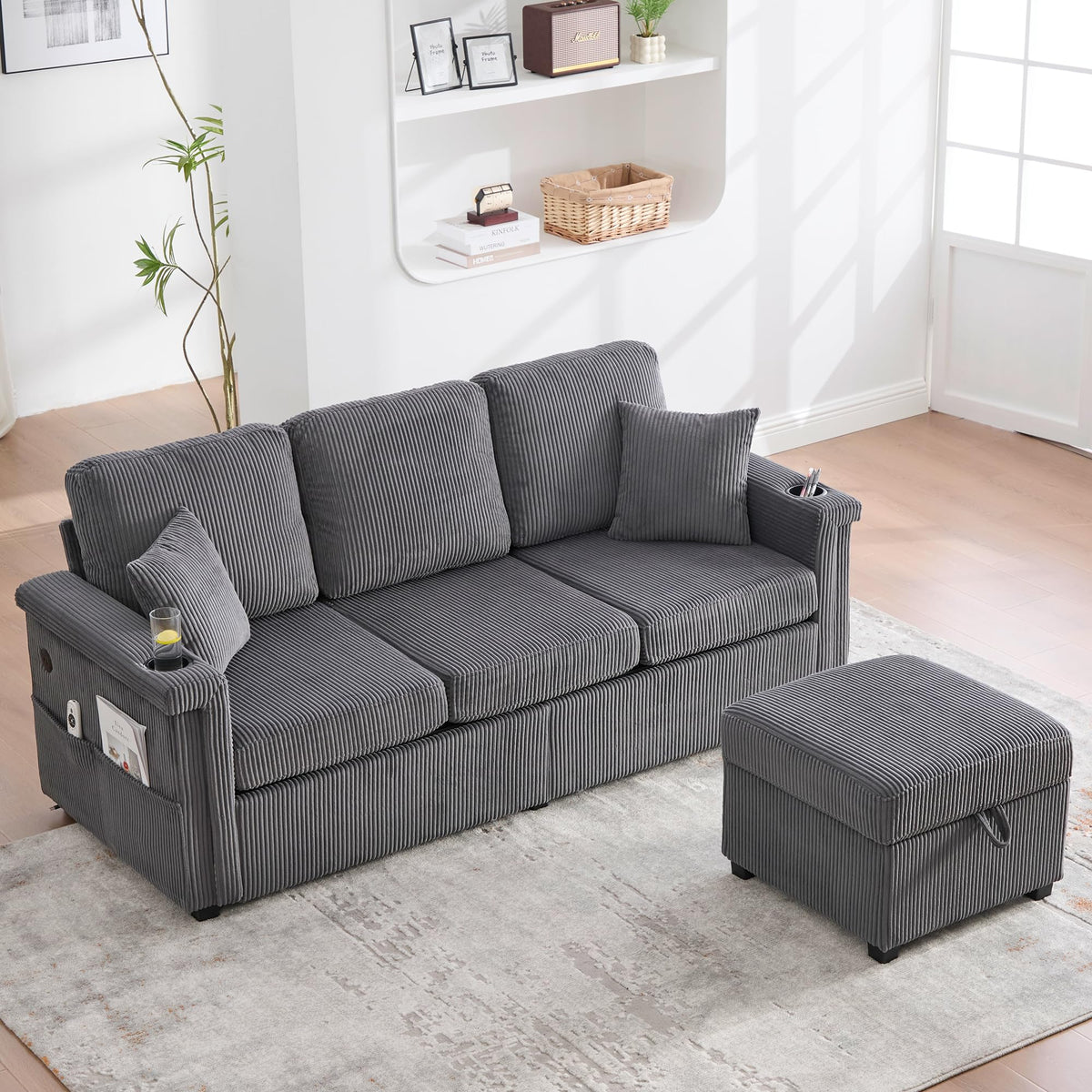 Lubvtti Sofá cama de 3 plazas moderno con función de cama, con espacio de almacenamiento, cargador USB, reposabrazos portaobjetos y 2 cojines, sofá de esquina en L, sofá de 3 plazas, chenilla (C-gris)
