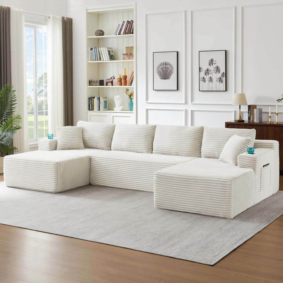 Bladez Sofá esquinero modular en forma de U de pana de 3 plazas gris con otomana