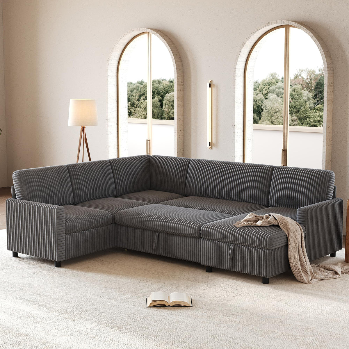 LAKFEW Sofa Cama con Cama Extensible y Taburete Almacenaje, Sofa Rinconera con USB, Lámpara de Lectura, Mesa Plegable con 2 Posavasos, 205x205x85 cm, Gris