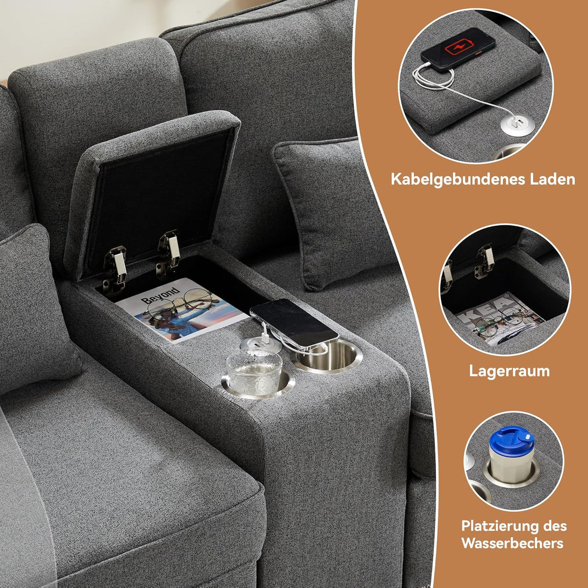 Sofá moderno de 4 plazas, en tejido de lino, soporte para bebidas, 2 puertos de carga USB con cable, bolsillos en reposabrazos y 4 cojines, sofá sencillo para sala de estar