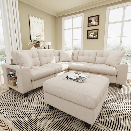 Sapgaks Sofá modular moderno de 6 plazas, con USB y portavasos, sofá de esquina modular muy grande en forma de U/L, con reposapiés extraíble y apoyabrazos con estantería, tela de chenilla, beige