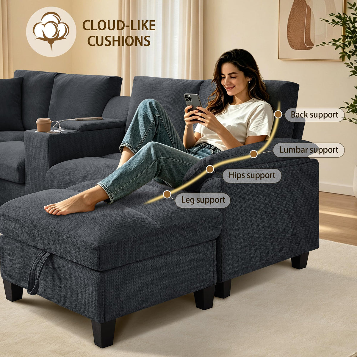 Modular Forma U Sofá de 4 Plazas, 295cm Sofá Esquinero para Sala