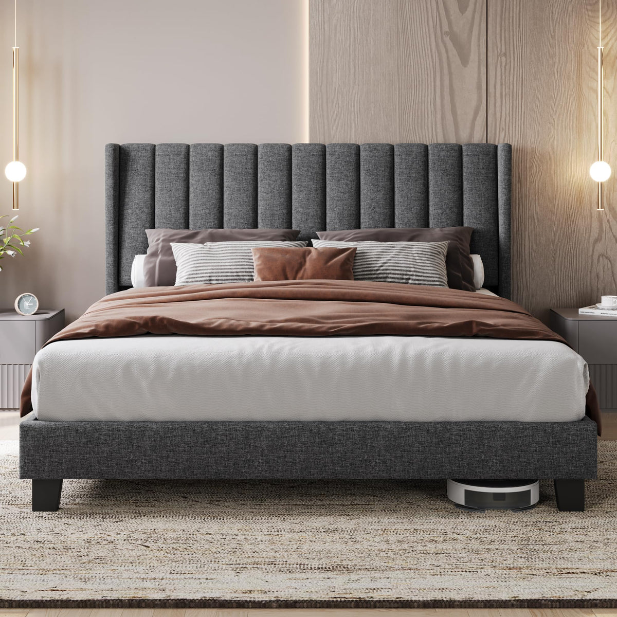 Yaheetech Cama Doble Tapizada 140 x 200cm con Somier de Lamas con Cabecero Rayado Moderno Estructura de Madera y Metal Marco de Cama para Adultos 2 Personas Beige