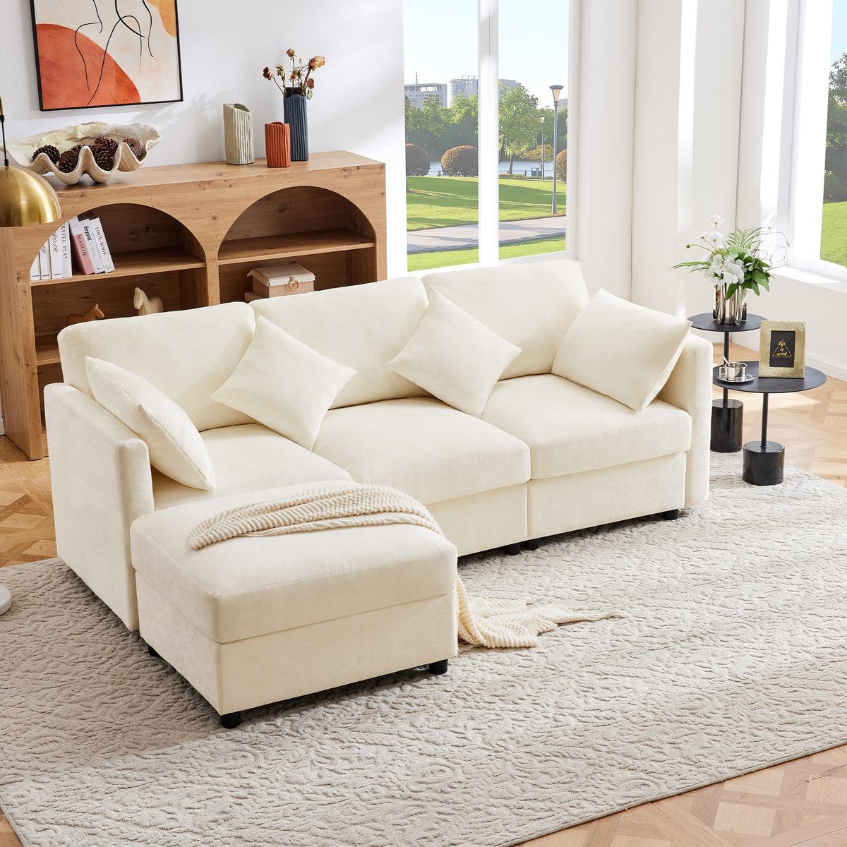 Soweiz Sofá de esquina en forma de L con reposapiés, sofá cama convertible de 3 plazas, 4 cojines, brazos ajustables, tejido chenilla, adecuado para salón/oficina/apartamento, 218 x 156,5 x 86 cm