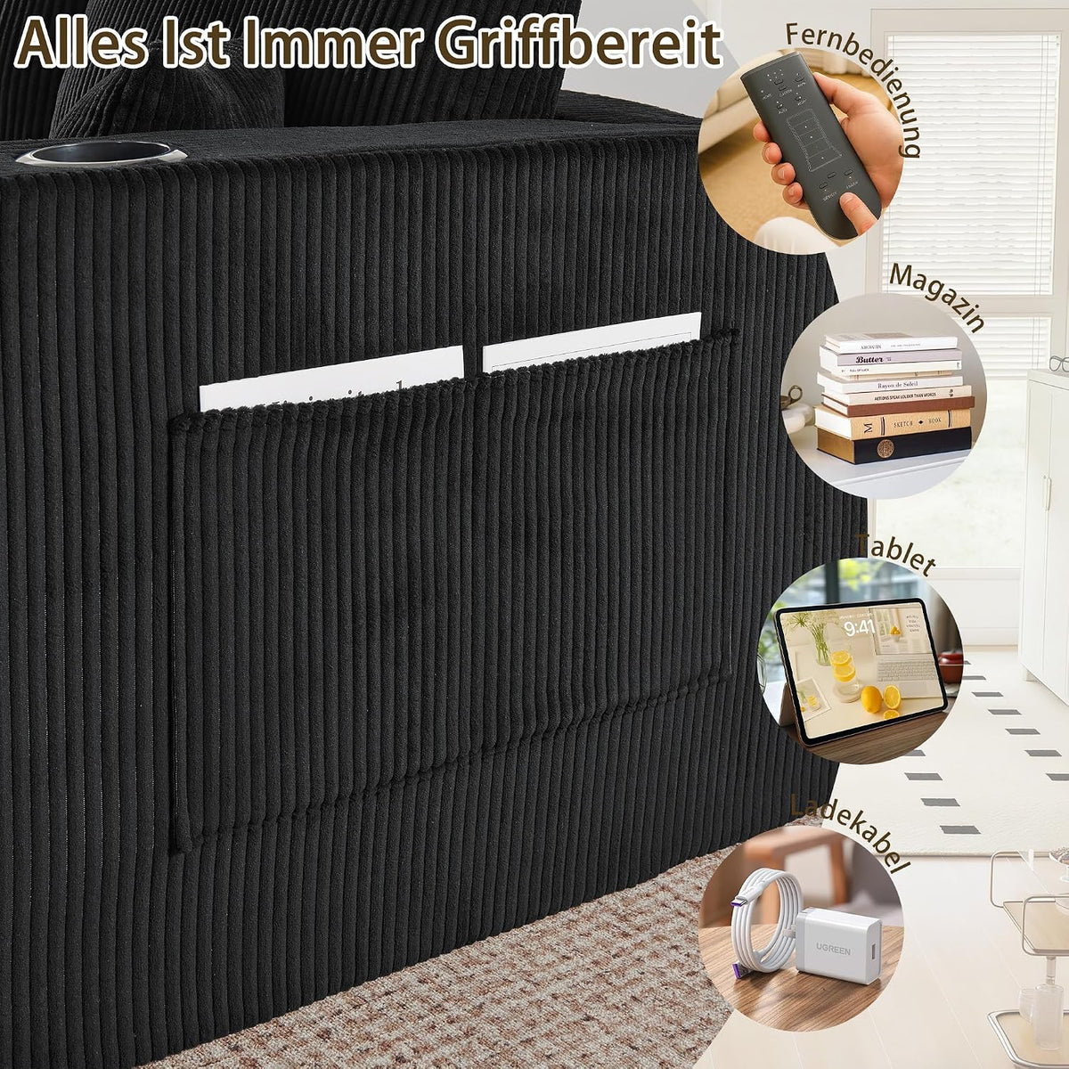 Bladez Sofá esquinero modular en forma de U de pana de 3 plazas gris con otomana