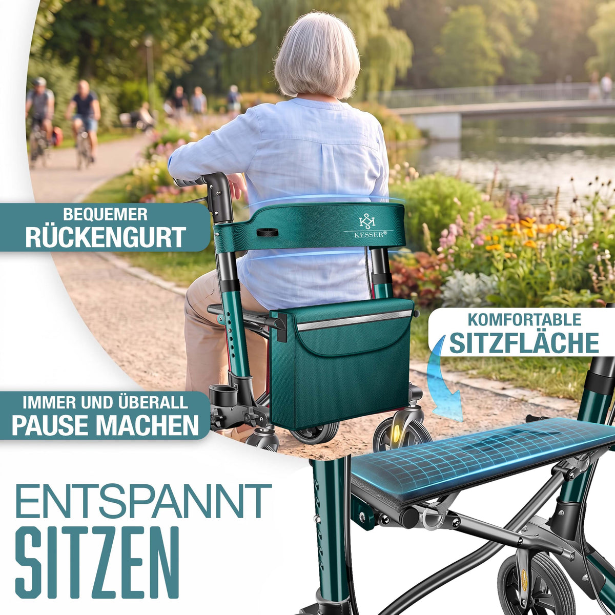KESSER® Andador plegable con asiento y respaldo, 4 Ruedas/Frenos/Saco de Compra y Porta Bastón, Altura Ajustable 82-94cm, Andador, Carro, Rollator para Ancianos Gris