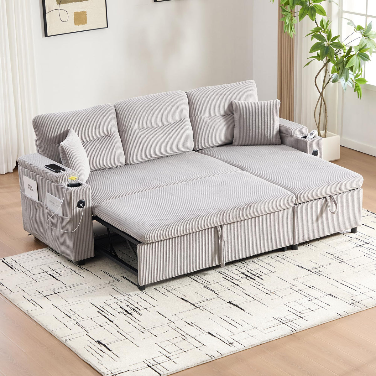 Dolamaní Sofá moderno de 4 plazas de tela de lino con espacio de almacenamiento y función de dormir, sofá cama con cajonera extensible en forma de L para casa y salón (beige B)