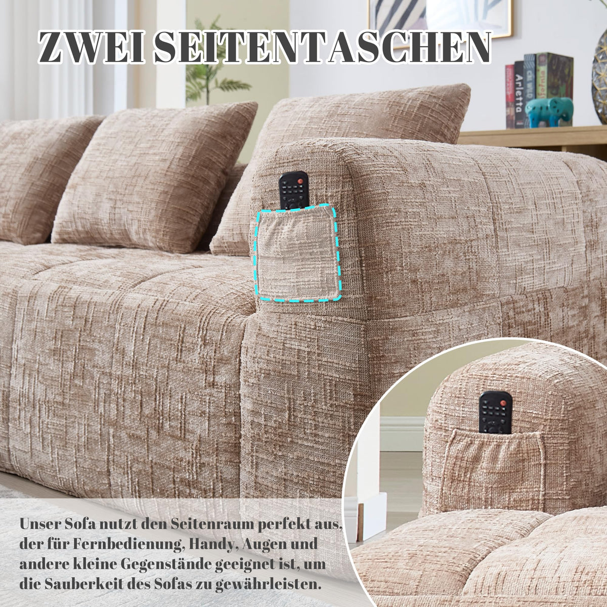 Soweiz Sofá L, seccional de 3 plazas, sofá con chaise longue y reposabrazos, 3 cojines, bolsillo lateral para mando a distancia, 250 x 158 x 60 cm