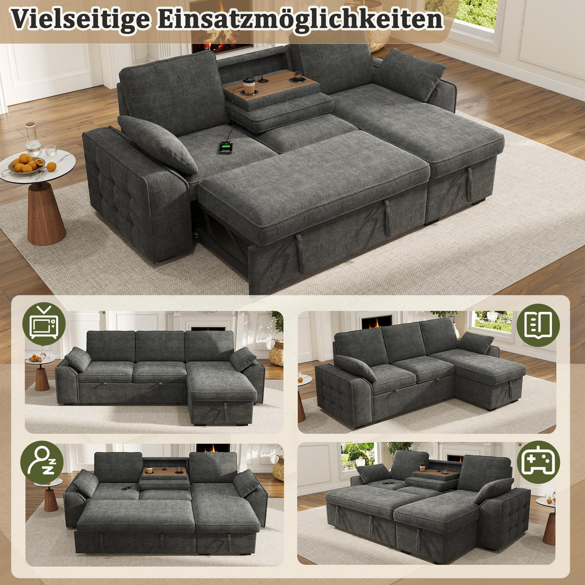 Sofá modular de 3 plazas con función cama extensible y USB/Type-C, sofá esquinero en forma de L con reposacabezas semifijos y compartimento de almacenamiento, sofás con chaise longue