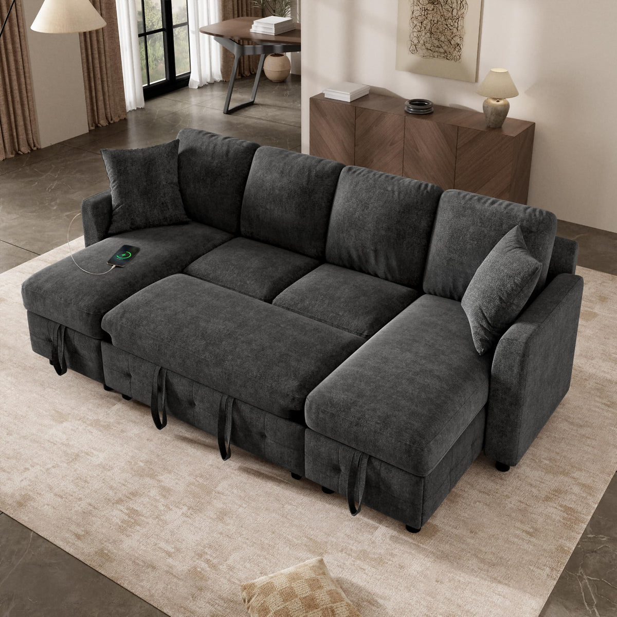 LAKFEW Sofa Cama con Cama Extensible y Taburete Almacenaje, Sofa Rinconera con USB, Lámpara de Lectura, Mesa Plegable con 2 Posavasos, 205x205x85 cm, Gris