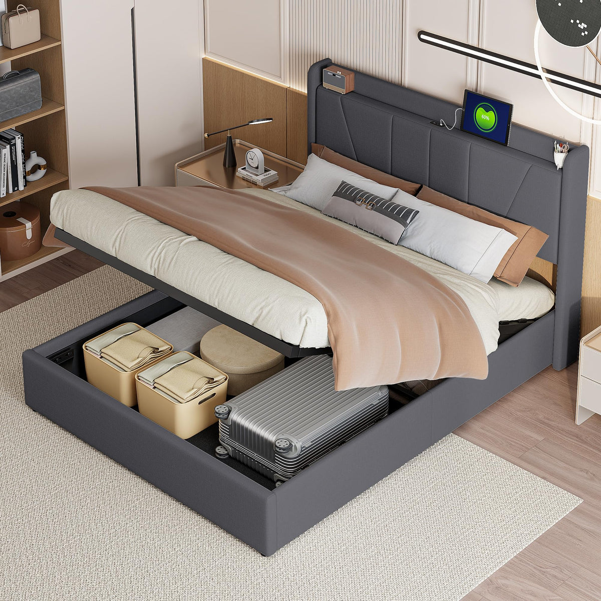 Cama tapizada de 160 x 200 cm, cama doble LED con espacio de almacenamiento, cabecero y función de carga USB C, cama de almacenamiento hidráulico, respaldo con somier de láminas de madera
