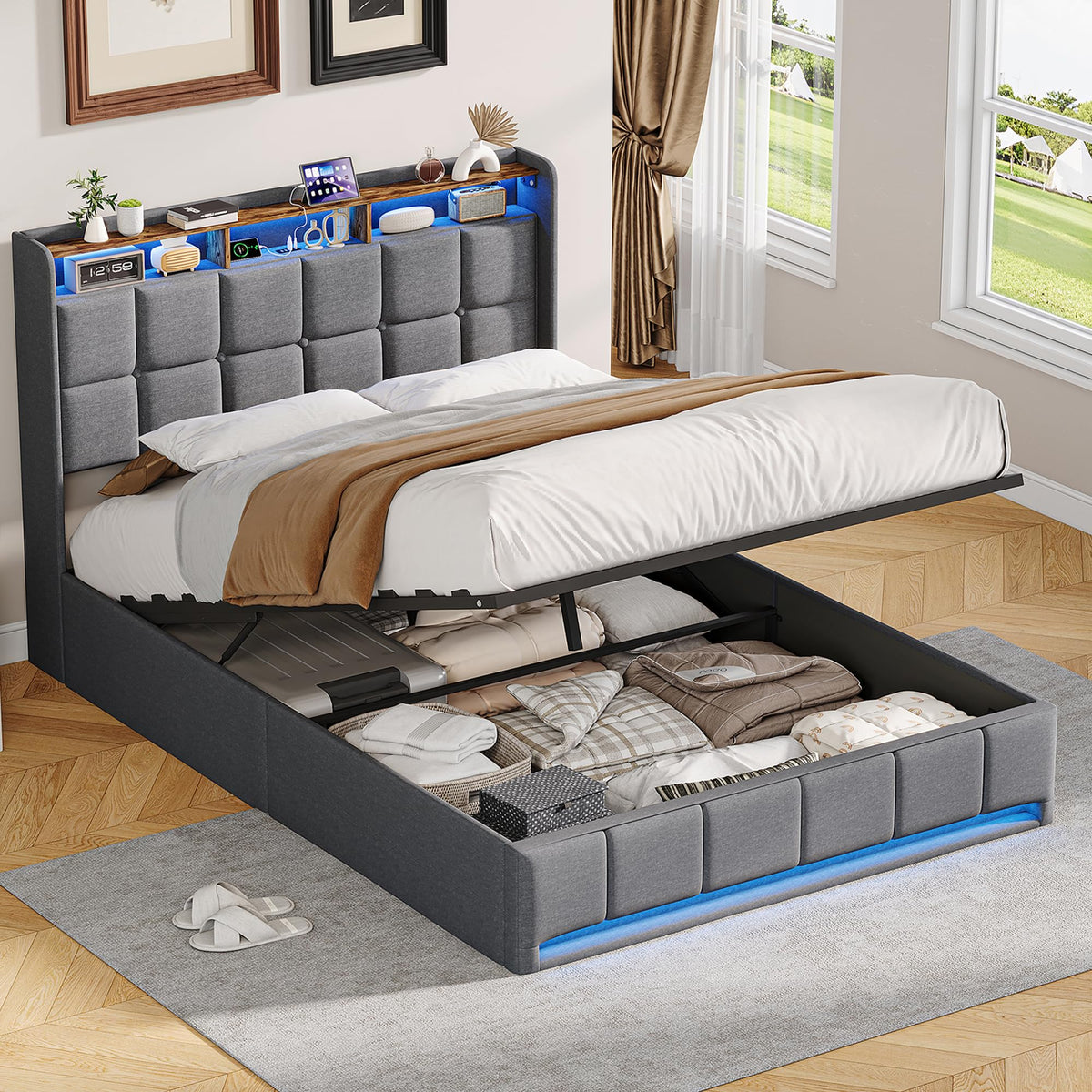 BRILVERDE Cama Tapizada 160x200 con Almacenamiento hidráulico, Cama matrimonial con lámpara de mesita, Cabecero Acolchado y Base de Láminas, Terciopelo (Beige, 160 x 200 cm)