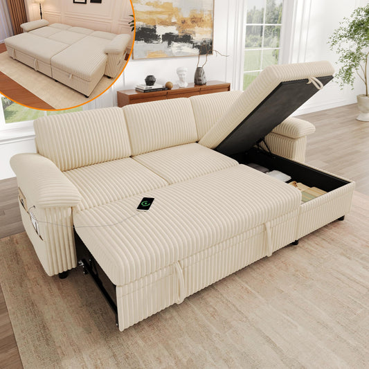 Sofá modular de 3 plazas con función cama extensible y USB/Type-C, sofá esquinero en forma de L con reposacabezas semifijos y compartimento de almacenamiento, sofás con chaise longue