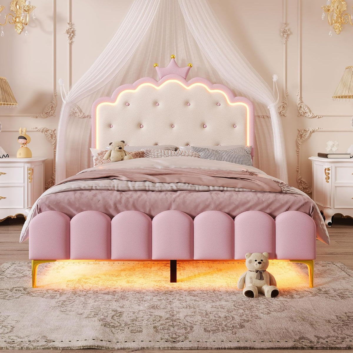 Kebnor Cama tapizada con somier, luz ambiental con mando a distancia, diseño de princesa heredera, material PU, color rosa (sin colchón) (140 x 200 cm)