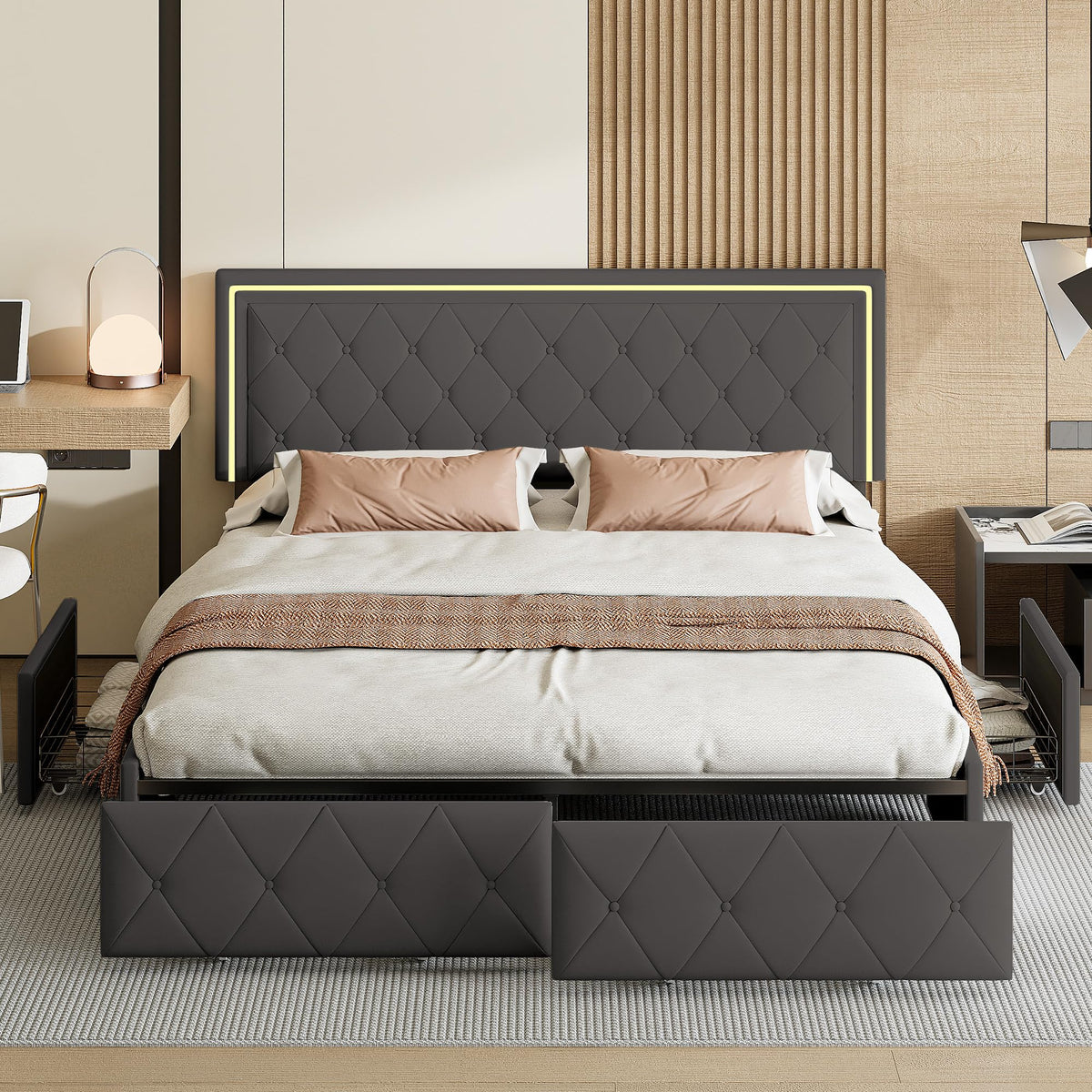 BRILVERDE Cama Tapizada 160x200 con Almacenamiento, Cama matrimonial con cajones, Cama Nido con LED, Cabecero Acolchado y Base de Láminas, Terciopelo (Beige, 160 x 200 cm)