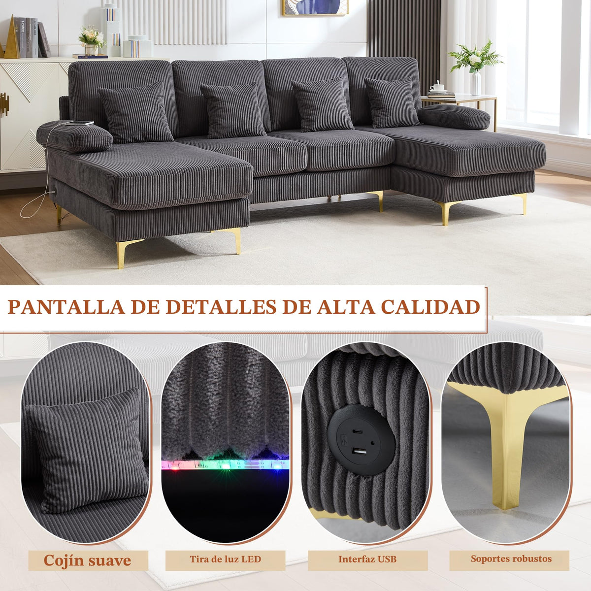 Sapgaks Sofá Seccional en U Moderno,Sofá 4 plazas,Mueble Acolchado de diseño Moderno,Tela de Chenilla (Beige)