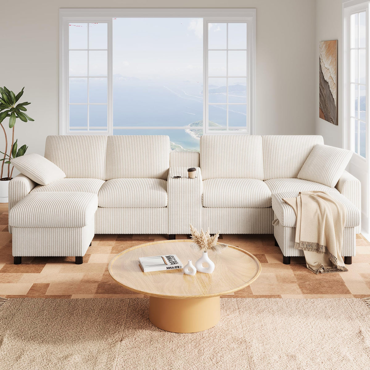 LAKFEW Sofa Cama con Cama Extensible y Taburete Almacenaje, Sofa Rinconera con USB, Lámpara de Lectura, Mesa Plegable con 2 Posavasos, 205x205x85 cm, Gris