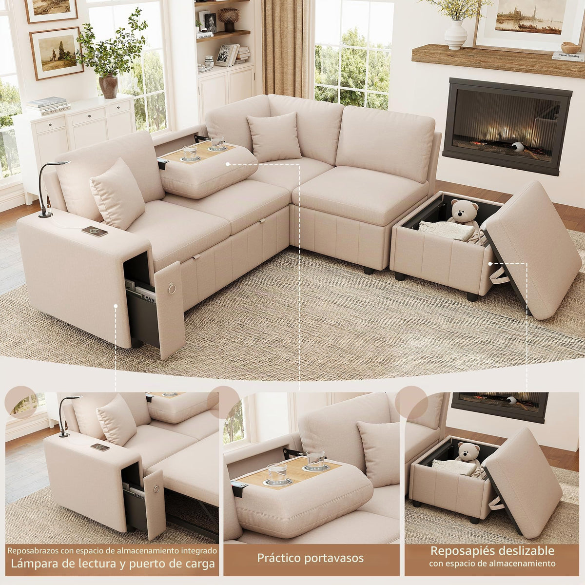 Sofá moderno de chenilla en forma de U con chaise longue, sofá esquinero de 4 plazas con espacio de almacenamiento, puerto USB y tipo C, modular, con soporte para bebidas y cojines suaves