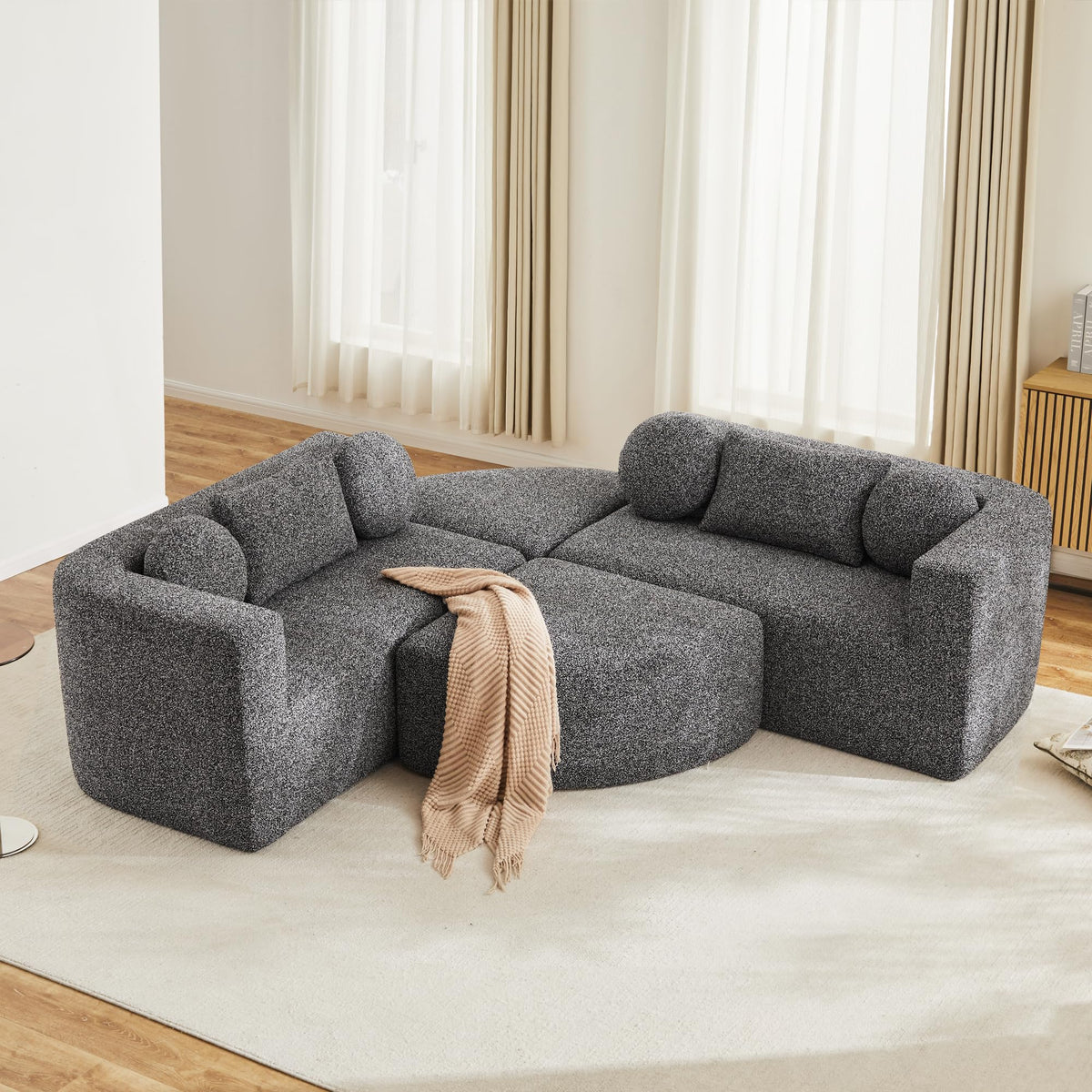 LAKFEW Sofa Cama con Cama Extensible y Taburete Almacenaje, Sofa Rinconera con USB, Lámpara de Lectura, Mesa Plegable con 2 Posavasos, 205x205x85 cm, Gris