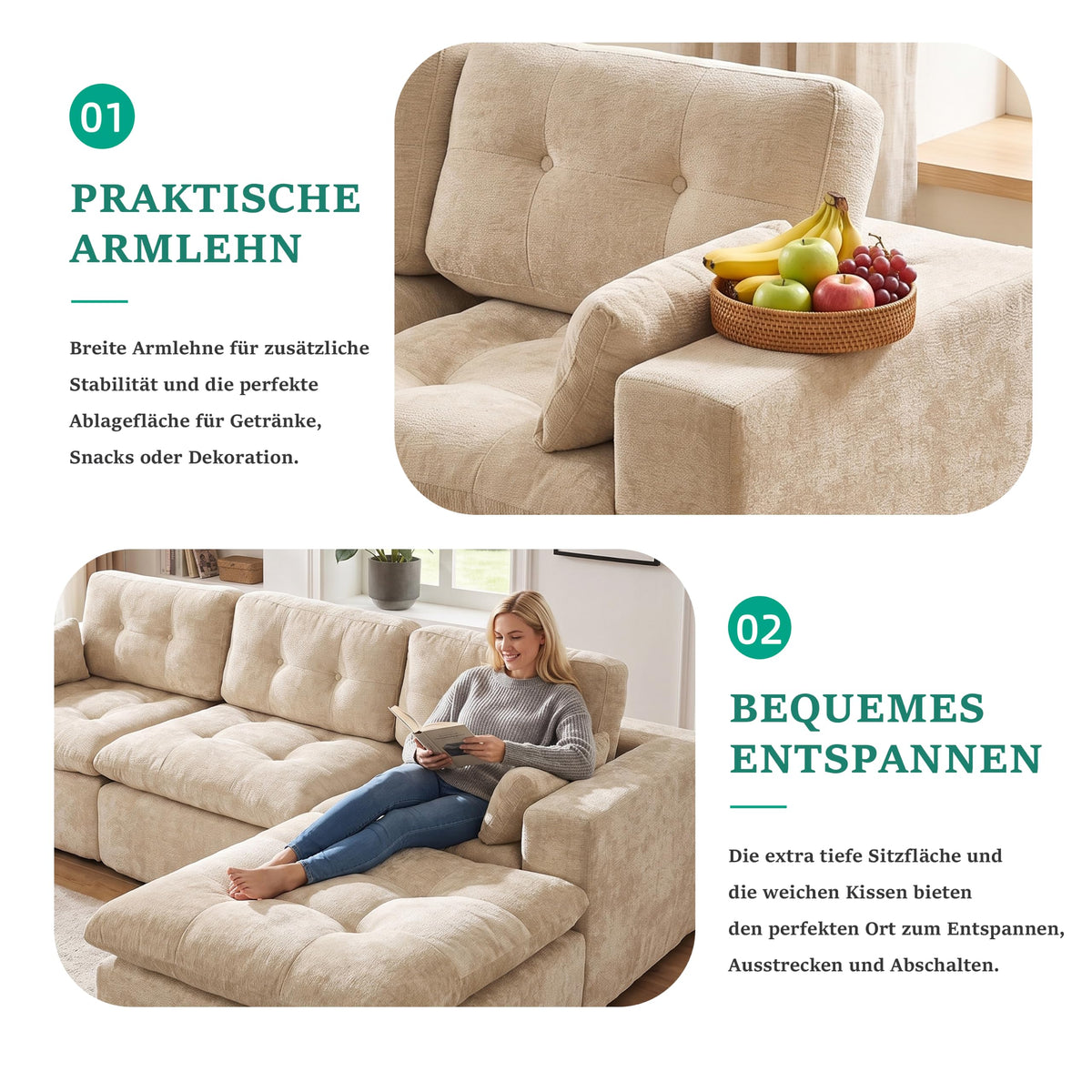 Sofá modular de 3 plazas con función de dormir, asiento extra profundo, felpilla para el hogar, sofá sin marco, sofá cama flexible para salón, verde