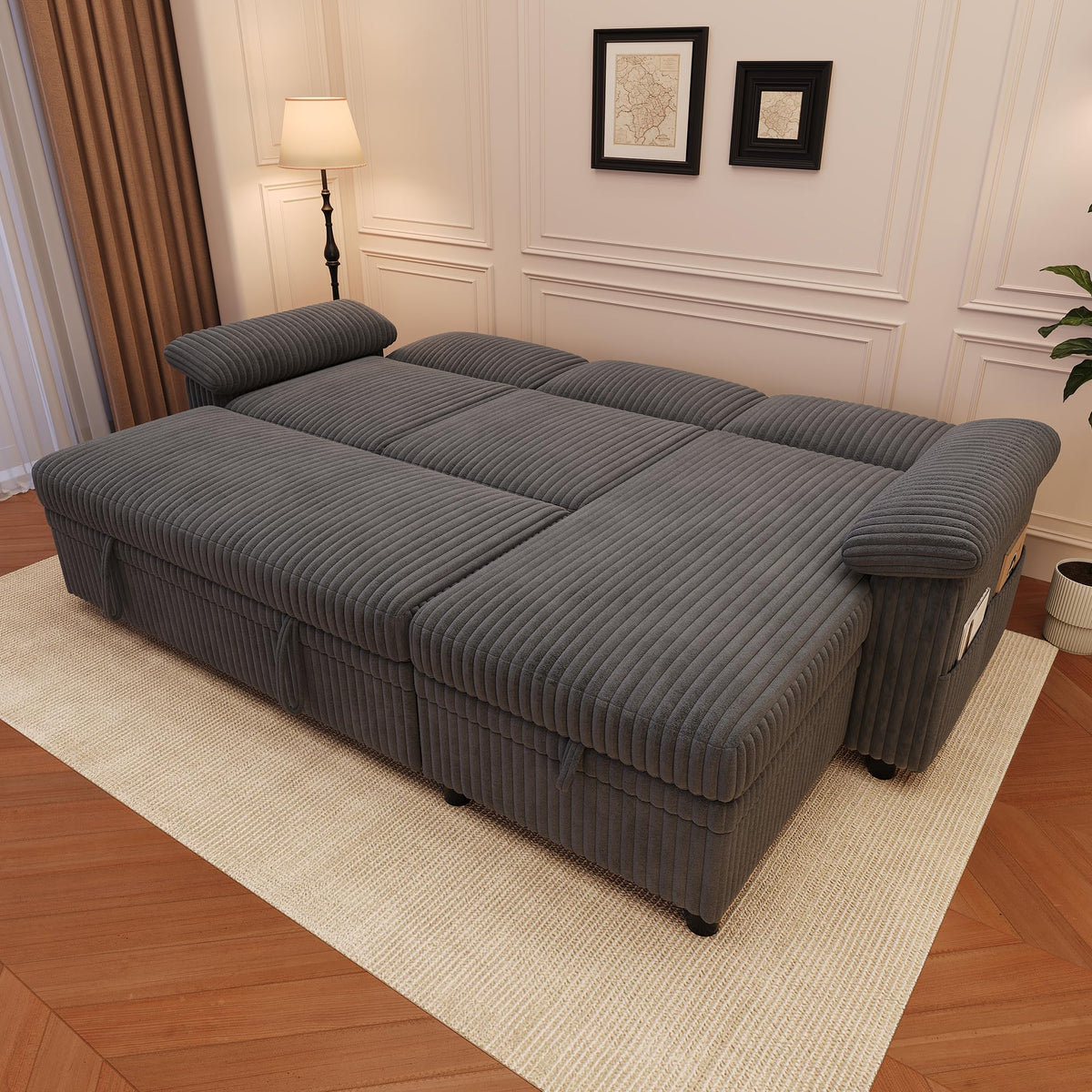 Sofá modular de 3 plazas con función cama extensible y USB/Type-C, sofá esquinero en forma de L con reposacabezas semifijos y compartimento de almacenamiento, sofás con chaise longue
