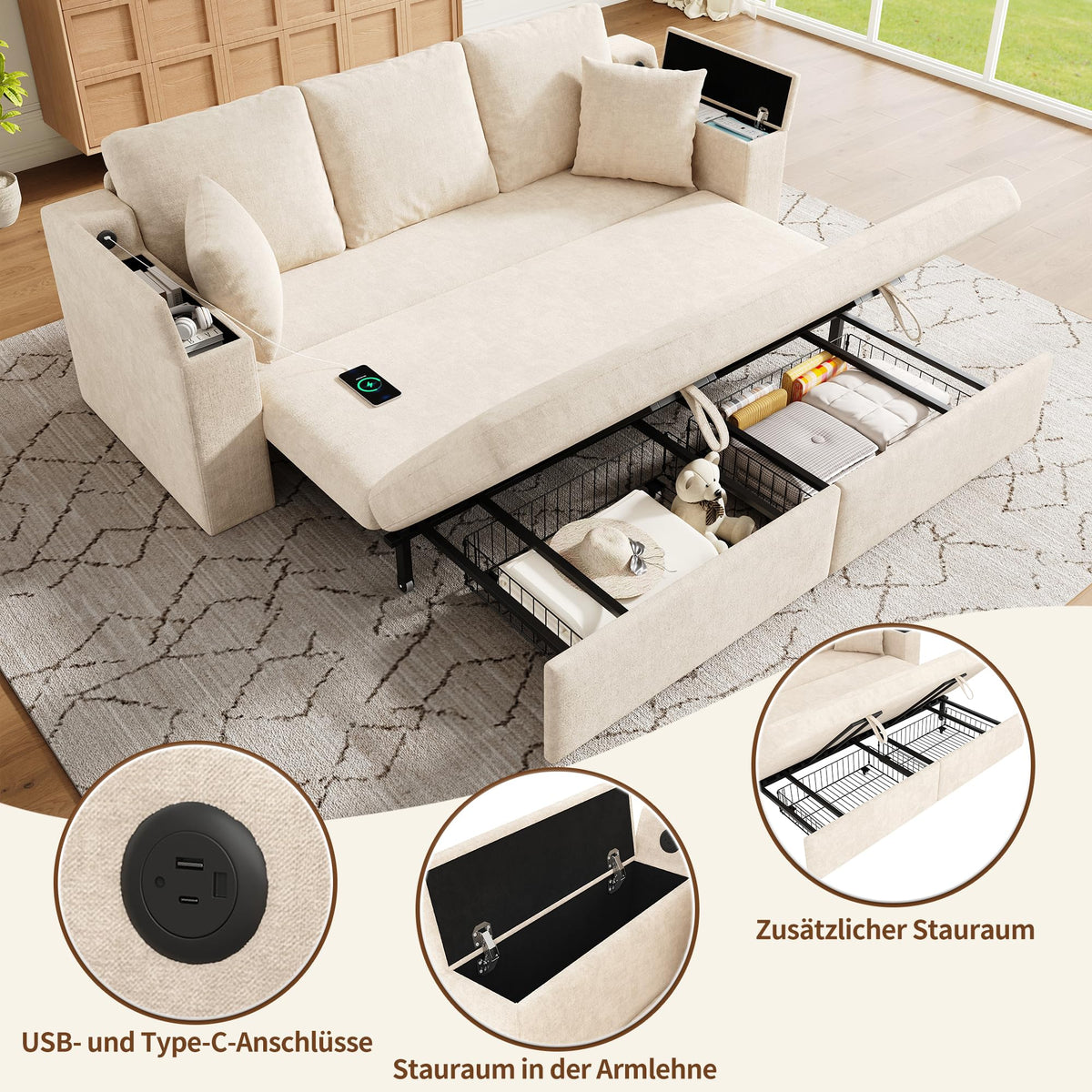 Sofá cama de 210 cm, multifuncional, 3 plazas, con función de dormir, sofá cama extensible, sofá con espacio de almacenamiento, reposabrazos y puerto de carga USB, para salón y dormitorio, color