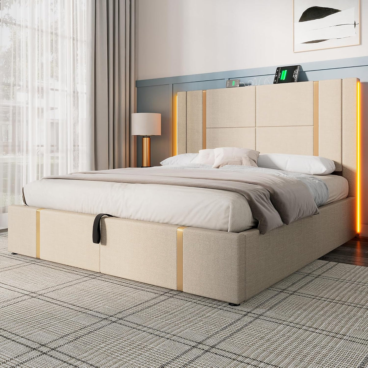 Cama tapizada doble USB tipo C función de carga APP Control LED 180 × 200 cm espacio espacio cama somier de láminas de madera, material de lino beige (sin colchón)