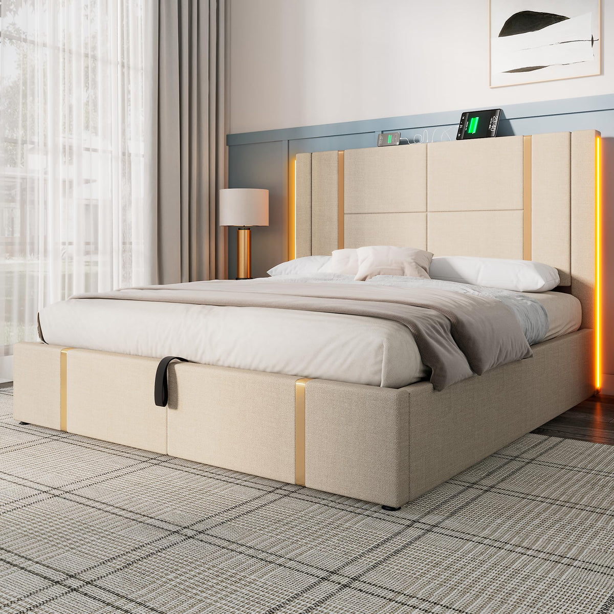 Cama tapizada doble USB tipo C función de carga APP Control LED 180 × 200 cm espacio espacio cama somier de láminas de madera, material de lino beige (sin colchón)