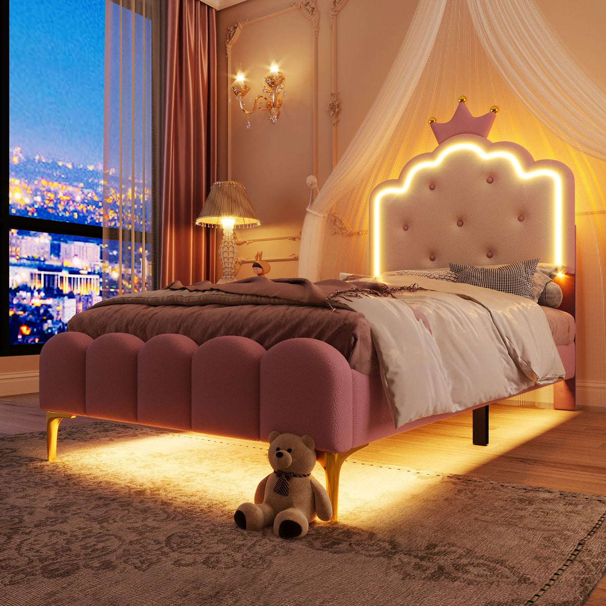 Kebnor Cama tapizada con somier, luz ambiental con mando a distancia, diseño de princesa heredera, material PU, color rosa (sin colchón) (140 x 200 cm)