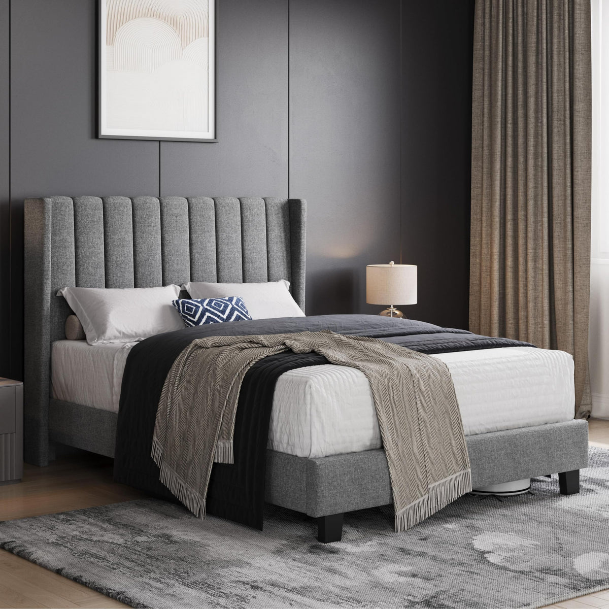 Yaheetech Cama Doble Tapizada 140 x 200cm con Somier de Lamas con Cabecero Rayado Moderno Estructura de Madera y Metal Marco de Cama para Adultos 2 Personas Beige