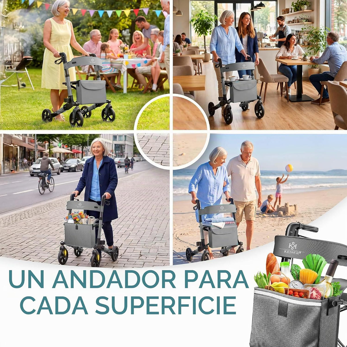 KESSER® Andador plegable con asiento y respaldo, 4 Ruedas/Frenos/Saco de Compra y Porta Bastón, Altura Ajustable 82-94cm, Andador, Carro, Rollator para Ancianos Gris