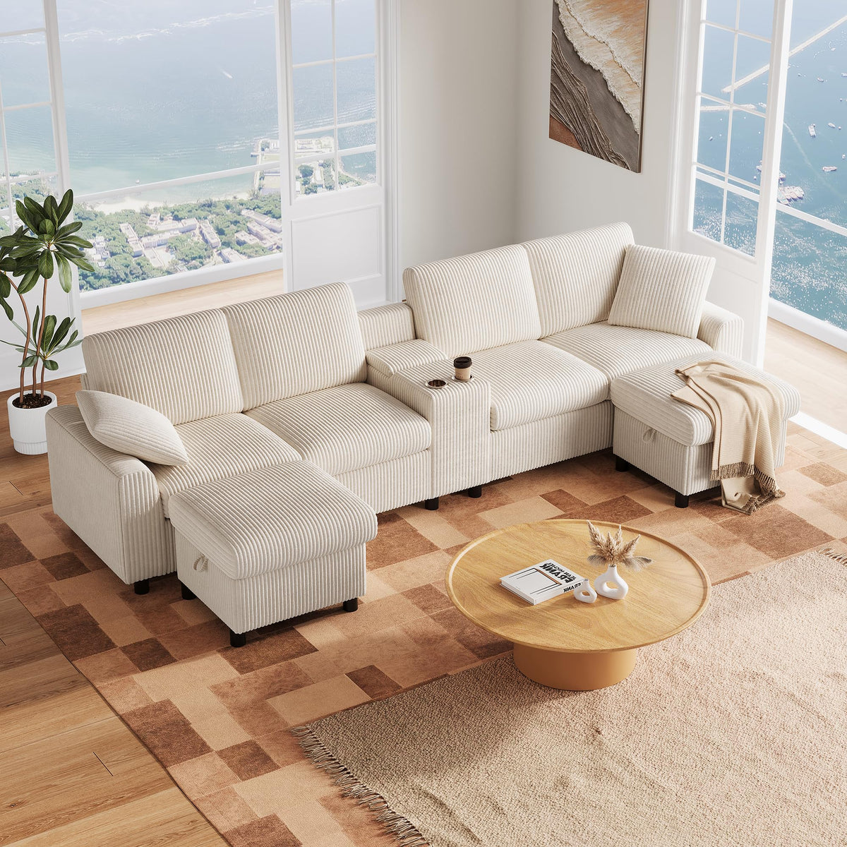 LAKFEW Sofa Cama con Cama Extensible y Taburete Almacenaje, Sofa Rinconera con USB, Lámpara de Lectura, Mesa Plegable con 2 Posavasos, 205x205x85 cm, Gris
