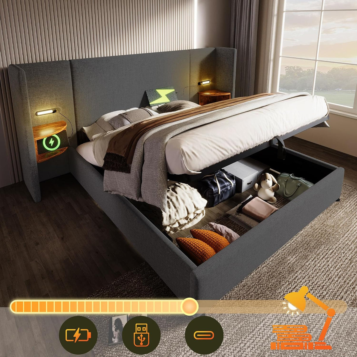 Camas Matrimoniales 160x200 con Cabecero Extendido y Espacio de Almacenaje Hidráulica, Cama Matrimonio con Lámpara de Lectura, Cama Doble con Puerto USB y Tipo C, Lino, Gris, Sin Colchón