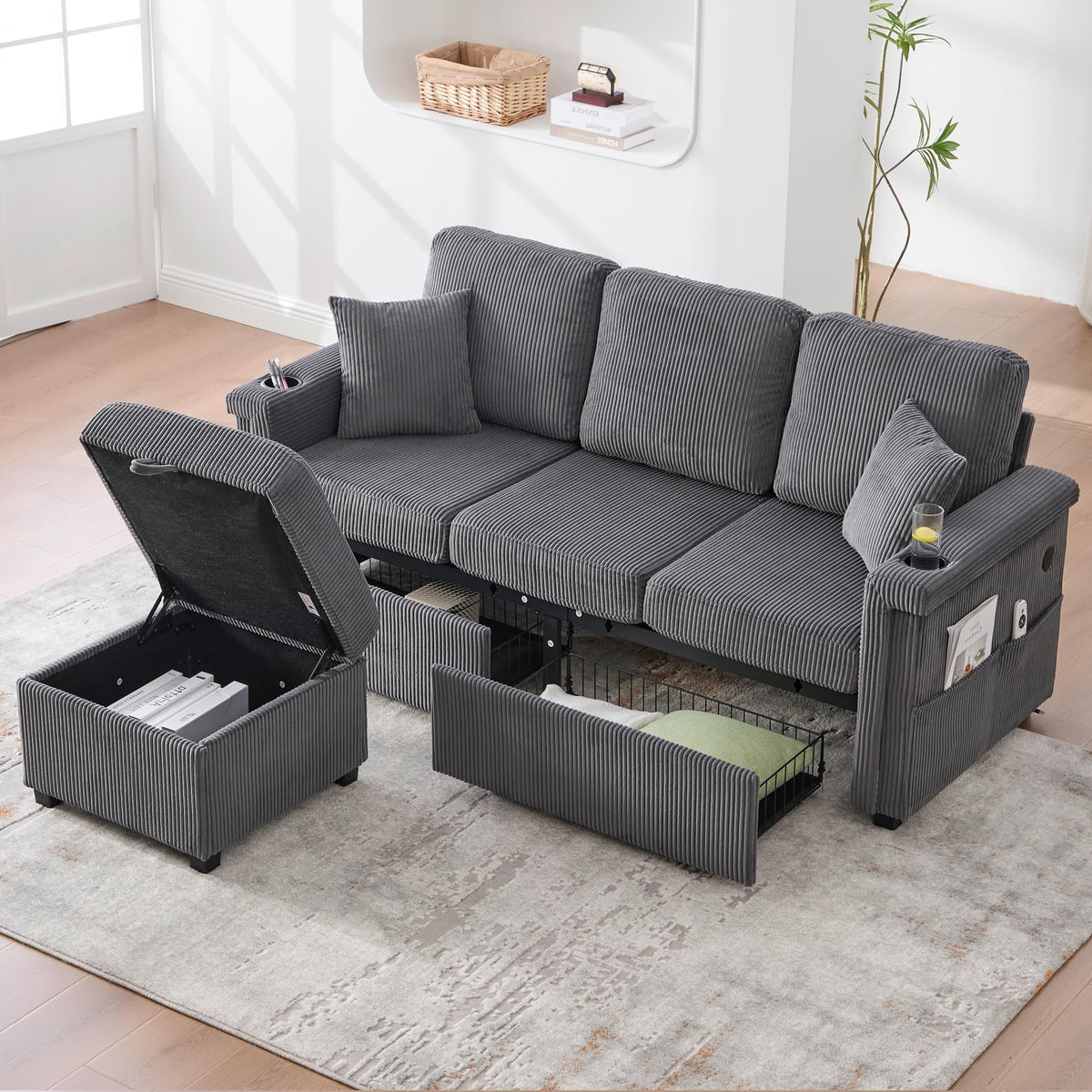 Dolamaní Sofá de terciopelo de 3 plazas con 2 cajones, soporte para bebidas, bolsillos laterales y reposapiés para sala de estar, dormitorio y oficina (beige)