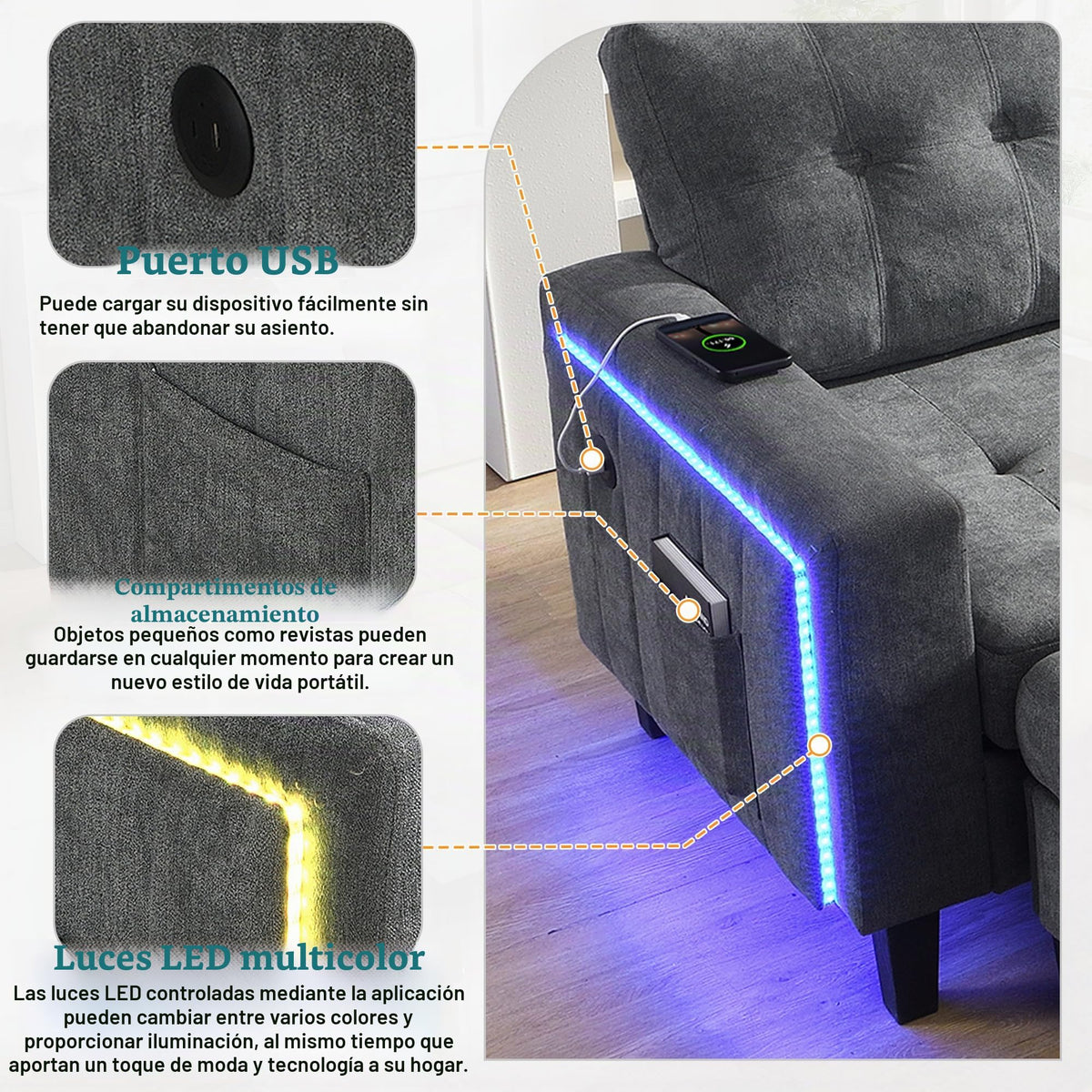 Lubvtti Sofá cama de 3 plazas moderno con función de cama, con espacio de almacenamiento, cargador USB, reposabrazos portaobjetos y 2 cojines, sofá de esquina en L, sofá de 3 plazas, chenilla (C-gris)
