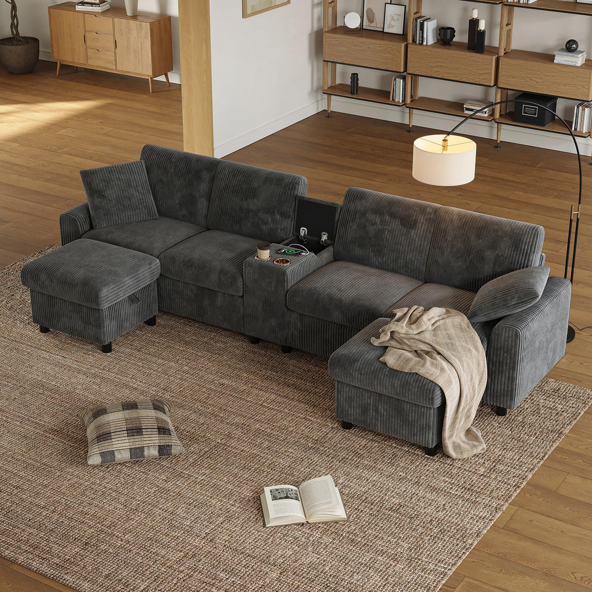 Sofá moderno de chenilla en forma de U con chaise longue, sofá esquinero de 4 plazas con espacio de almacenamiento, puerto USB y tipo C, modular, con soporte para bebidas y cojines suaves