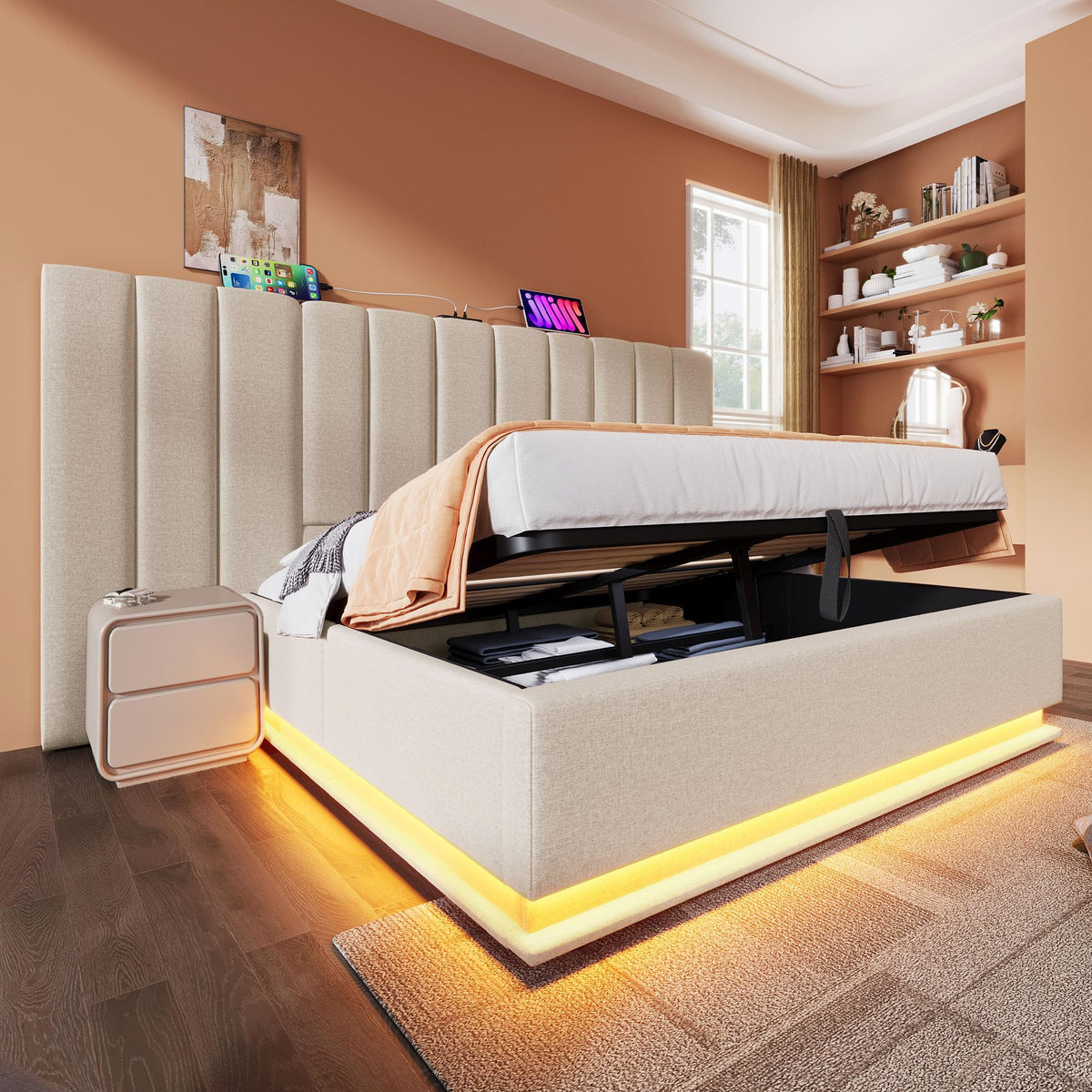Cama tapizada 180×200cm, Cama Doble con canapé con LED y función de Carga USB-C, PU, sin colchón ni mesita de Noche (Blanco, 180 x 200 cm)