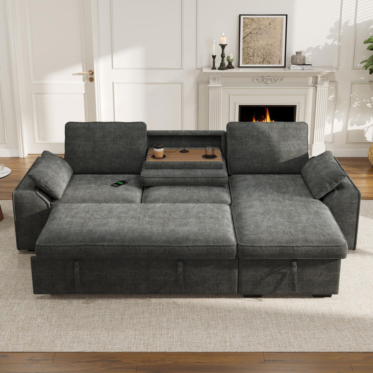 Sofá modular de 3 plazas con función cama extensible y USB/Type-C, sofá esquinero en forma de L con reposacabezas semifijos y compartimento de almacenamiento, sofás con chaise longue