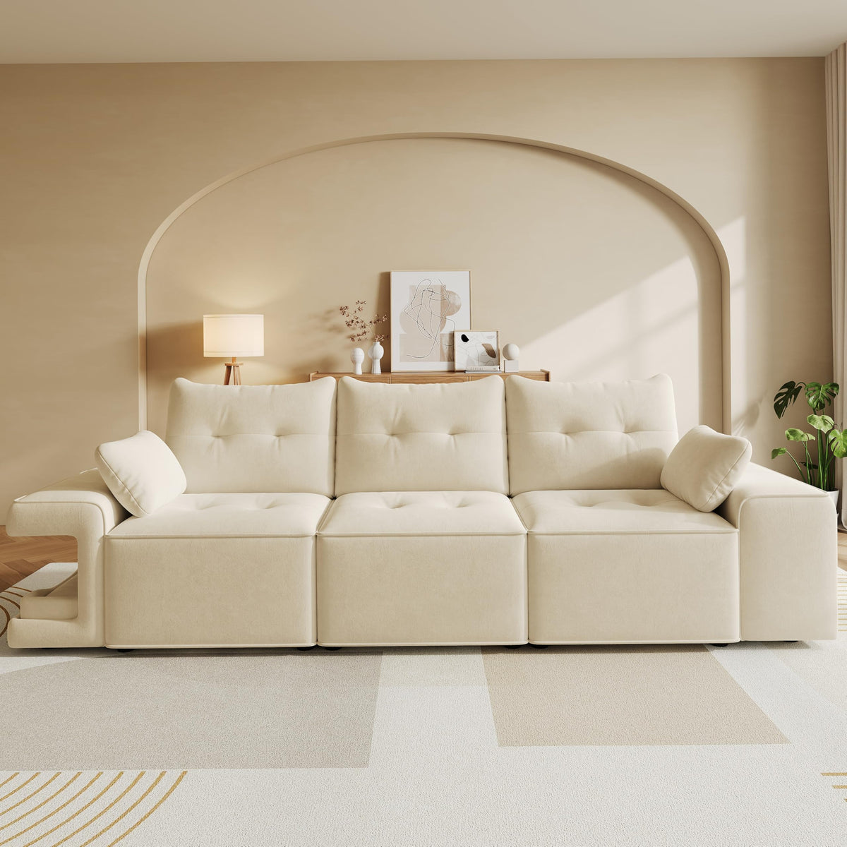 Sofá modular de 6 plazas, sofá esquinero en forma de L/U, puertos USB/tipo C, portavasos y espacio de almacenamiento, tela de chenilla, 7 cojines, salón, dormitorio y oficina, color beige