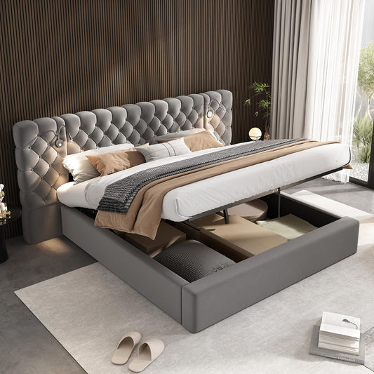 Cama Tapizada 180x200, Cama Doble con LED iluminación y Espacio de Almacenamiento, Hidráulica Modern Cama Matrimonio Juvenil con Cabecero Ancho y Suave y Somier, Gris, Terciopelo, Sin Colchón