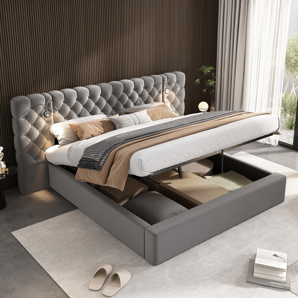 Cama 180x200 cm Camas Matrimoniales con LED y Lámpara de Noche, Cama Doble Tapizada con USB y Cabecero Ancho, Almacenaje Hidráulico, Soporte de Lamas de Madera, Terciopelo, Sin Colchón, Gris