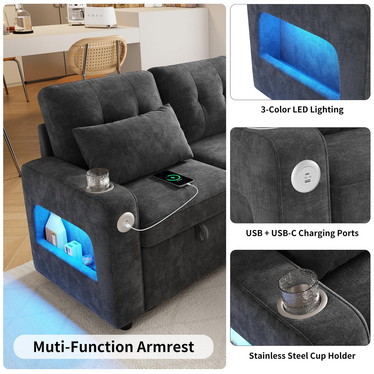 Sapgaks Sofá de esquina convertible de 6 plazas con USB, sofá convertible de 6 plazas, sofá de 6 plazas, en chenilla, con apoyabrazos en forma de librería, puf extraíble para configuraciones en L y en