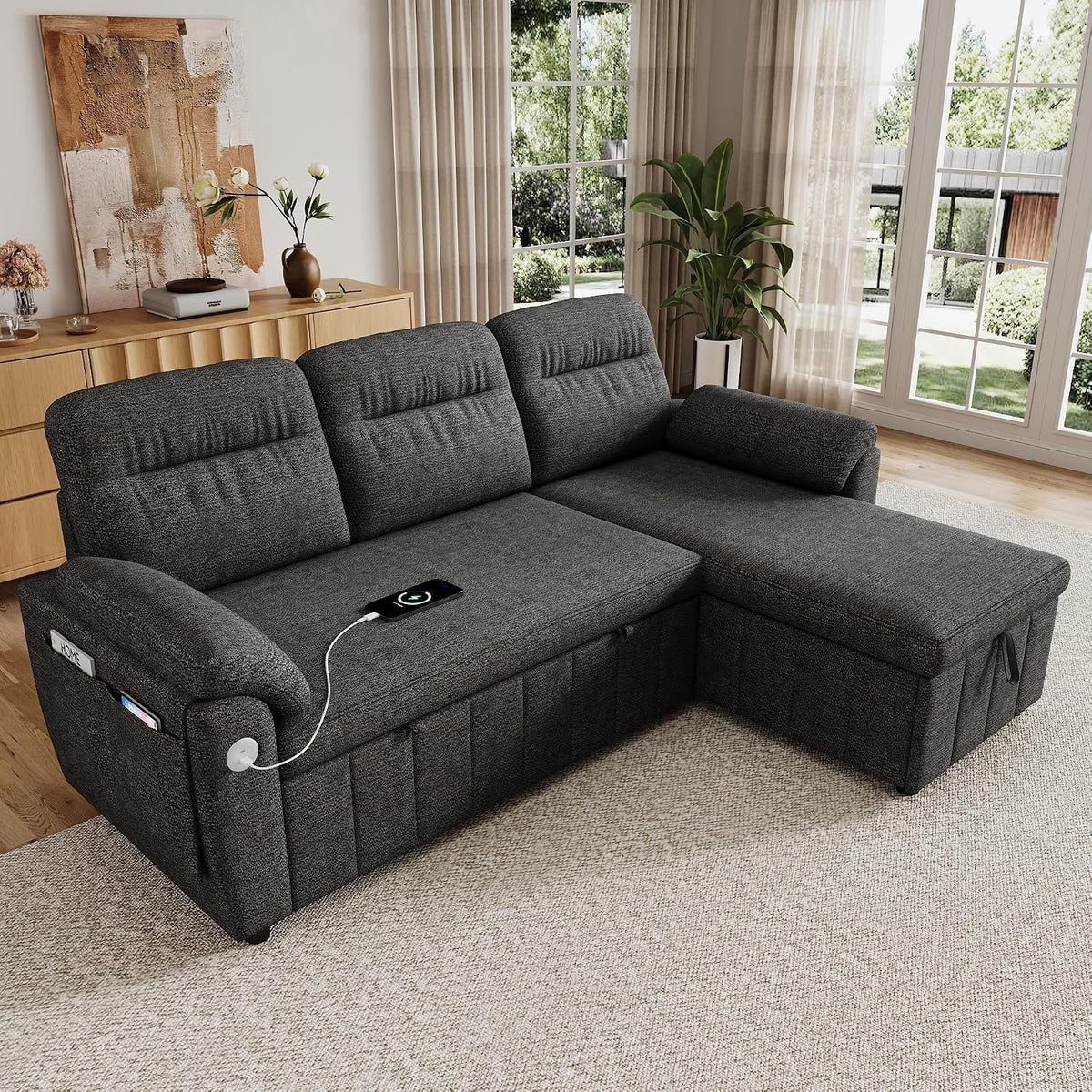 Sofá modular de 3 plazas con función cama extensible y USB/Type-C, sofá esquinero en forma de L con reposacabezas semifijos y compartimento de almacenamiento, sofás con chaise longue