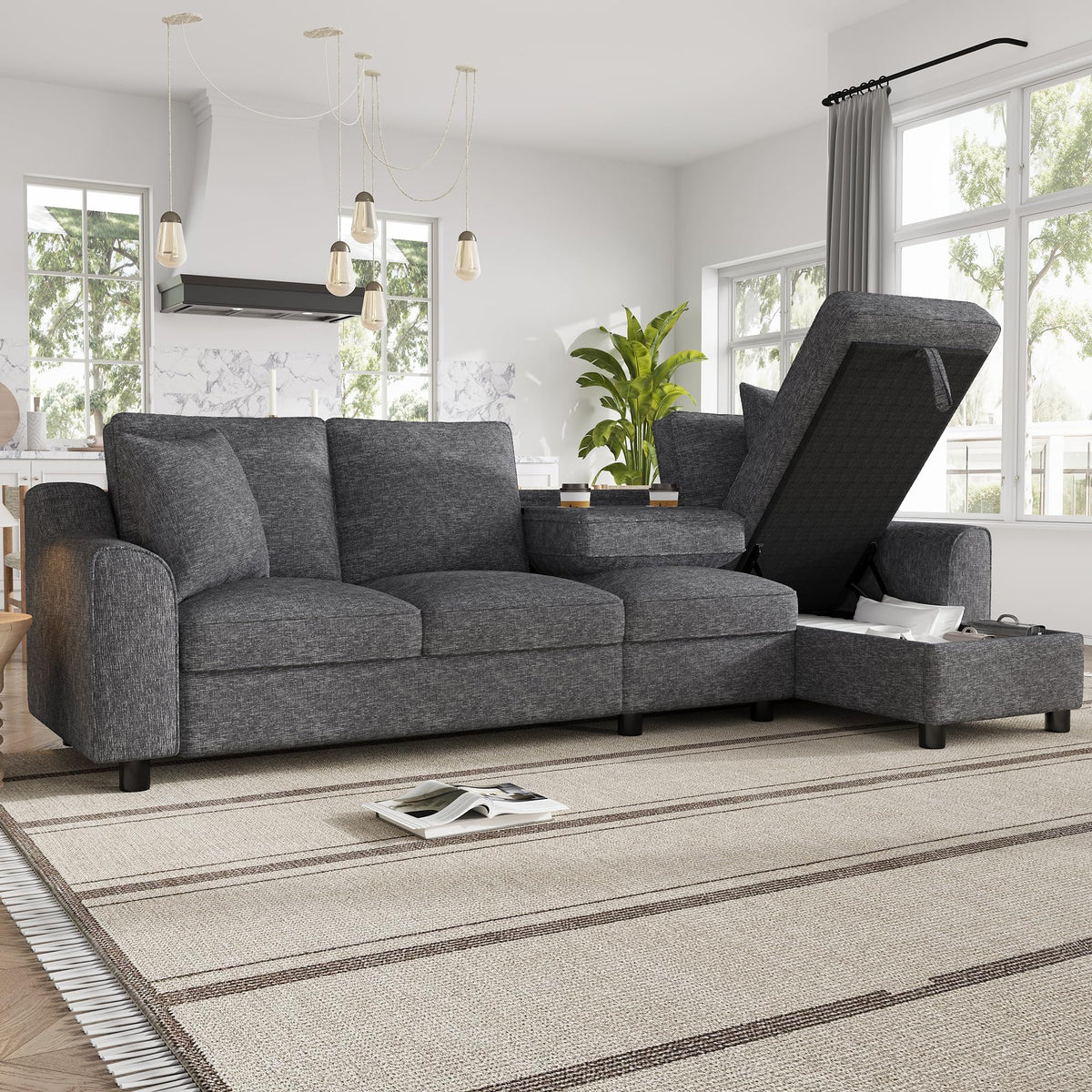 Sofá moderno de chenilla en forma de U con chaise longue, sofá esquinero de 4 plazas con espacio de almacenamiento, puerto USB y tipo C, modular, con soporte para bebidas y cojines suaves