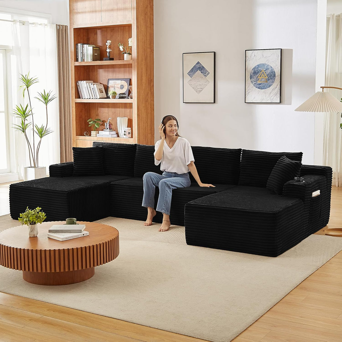 Bladez Sofá esquinero modular en forma de U de pana de 3 plazas gris con otomana