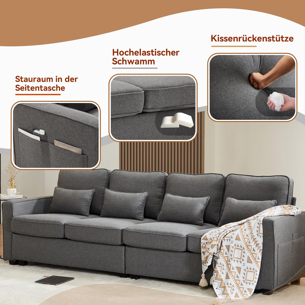 Sofá moderno de 4 plazas, en tejido de lino, soporte para bebidas, 2 puertos de carga USB con cable, bolsillos en reposabrazos y 4 cojines, sofá sencillo para sala de estar