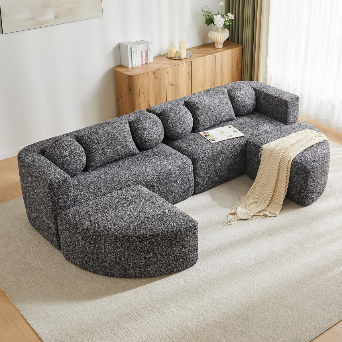 LAKFEW Sofa Cama con Cama Extensible y Taburete Almacenaje, Sofa Rinconera con USB, Lámpara de Lectura, Mesa Plegable con 2 Posavasos, 205x205x85 cm, Gris