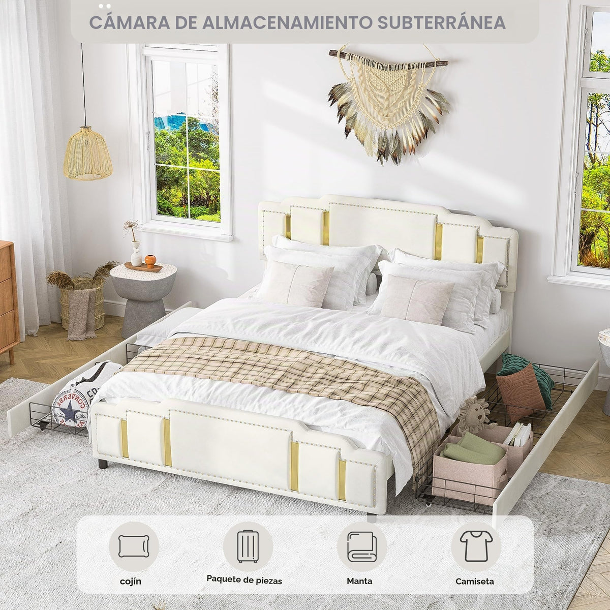 Cama tapizada de 160 x 200 cm con espacio de almacenamiento e iluminación LED, cama doble hidráulica con detalles dorados, cama de terciopelo de lujo con sincronización de música y