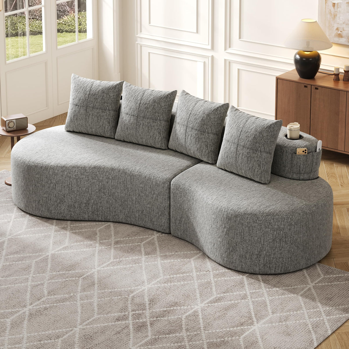 Bladez Sofá esquinero moderno curvado de 5 plazas, sofá modular de terciopelo, diseño curvado, cómodo sofá tapizado, cómodo sofá tapizado con cojines, adecuado para salón y apartamento, color blanco
