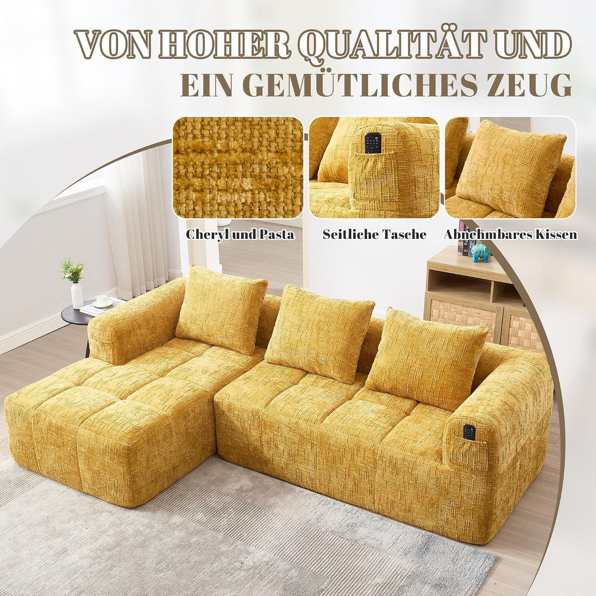 Soweiz Sofá L, seccional de 3 plazas, sofá con chaise longue y reposabrazos, 3 cojines, bolsillo lateral para mando a distancia, 250 x 158 x 60 cm